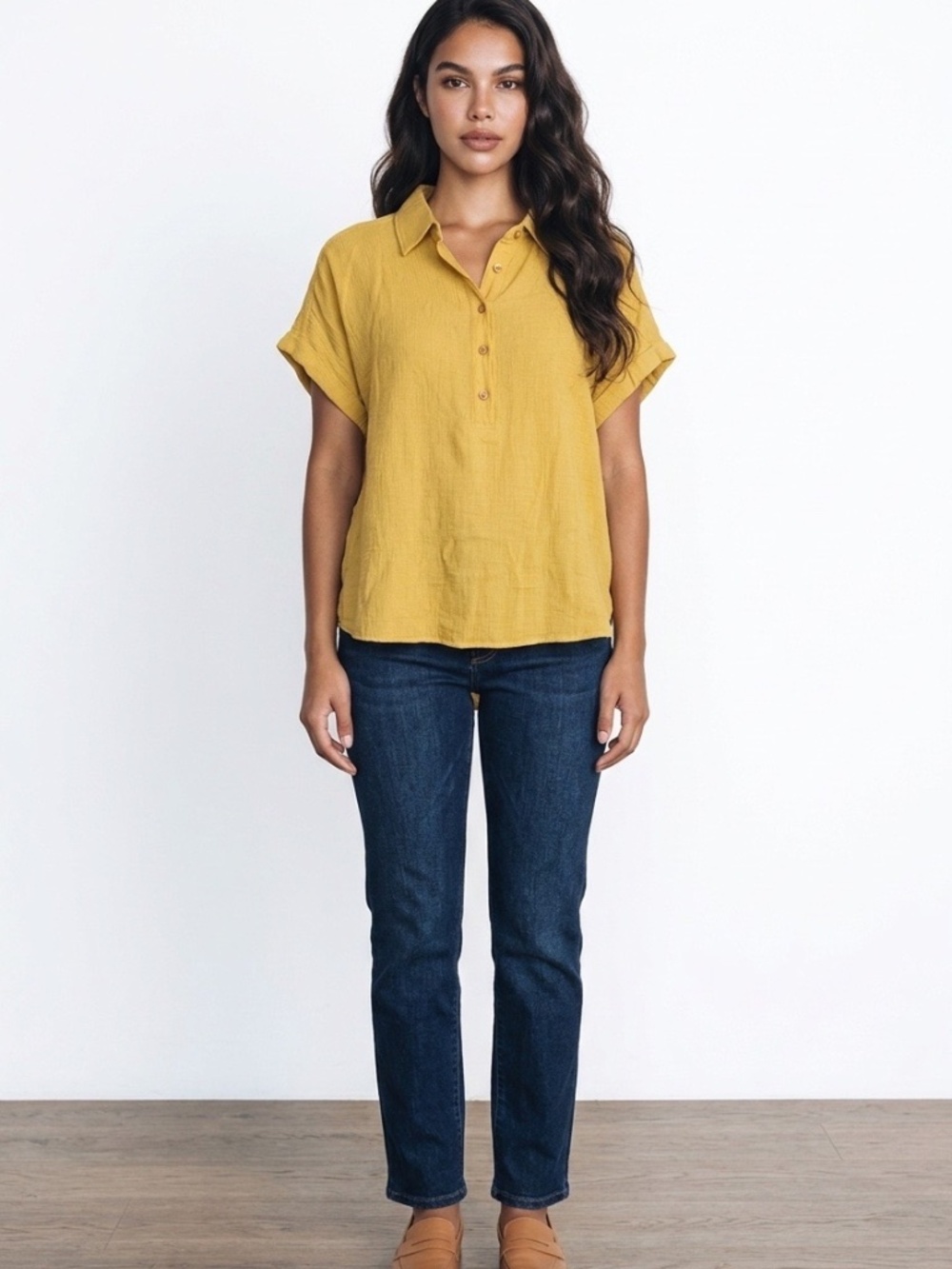 Blu Pepper Mustard Short-Sleeve Button Polo Blouse
